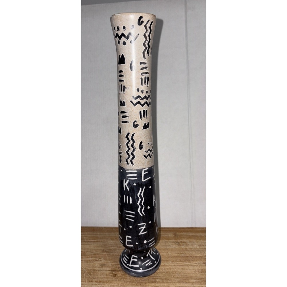 Global Primitive Etched Soapstone Vase 12 Inches X 2 Inches Boho/ Tribal Decor